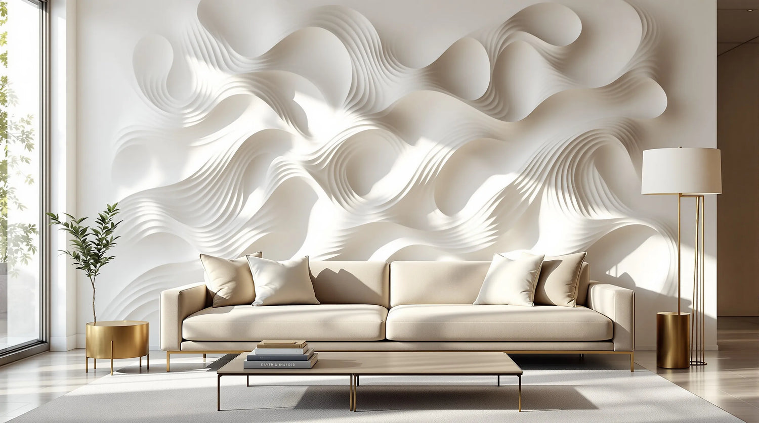 3D wall panels in a luxury living room — sculptural wave pattern in matte white