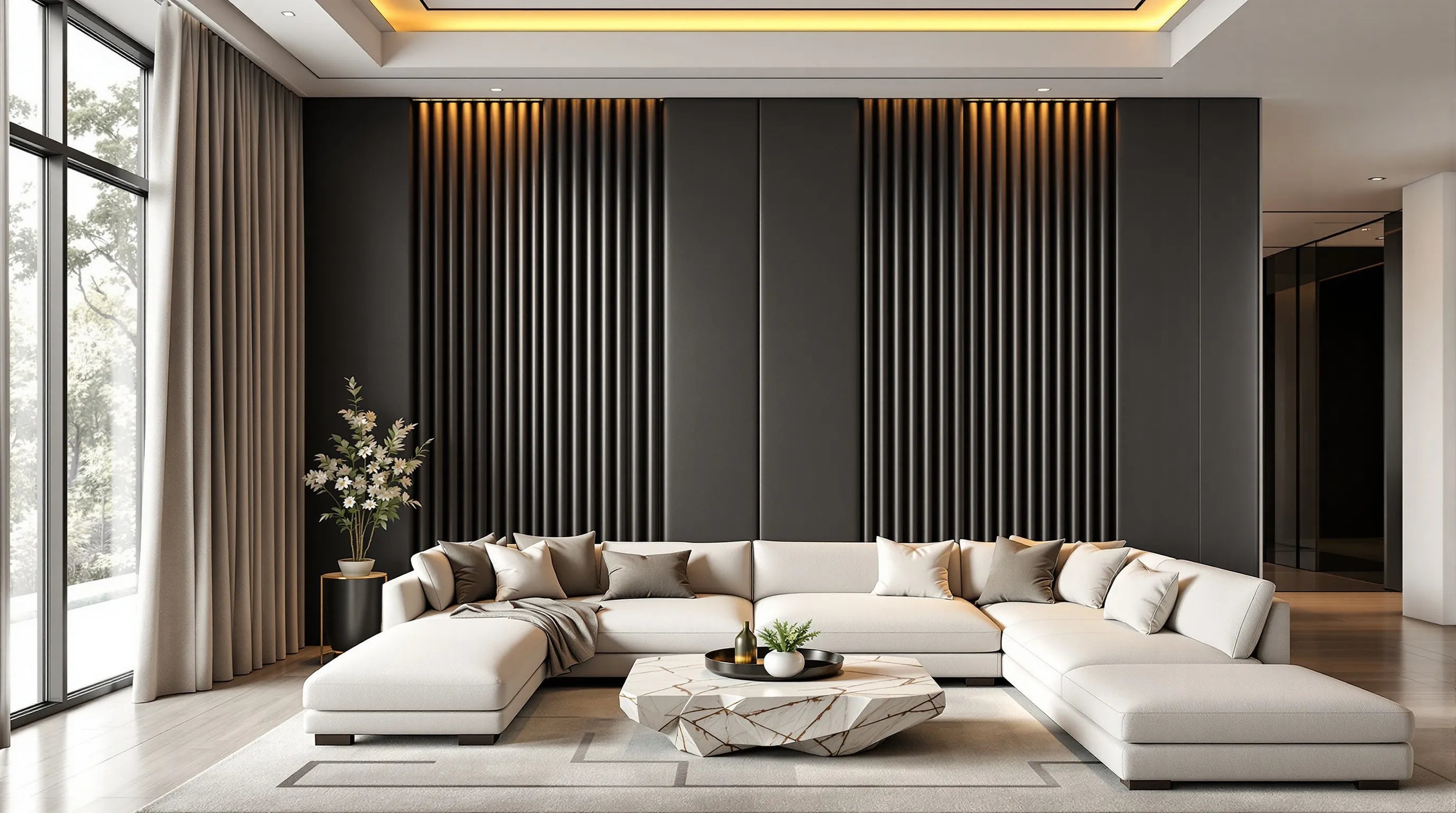 Luxury living room with full-wall fluted charcoal grey accent wall panels, white sectional sofa and travertine coffee table