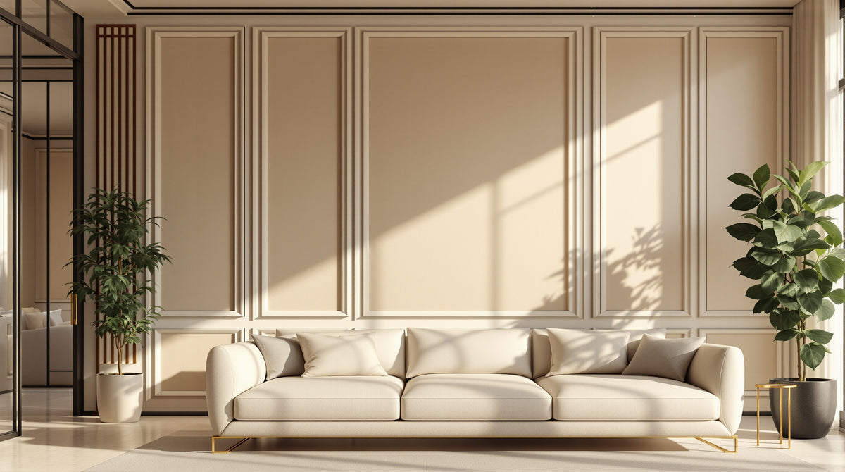 Luxury living room with decorative wall panels as feature wall
