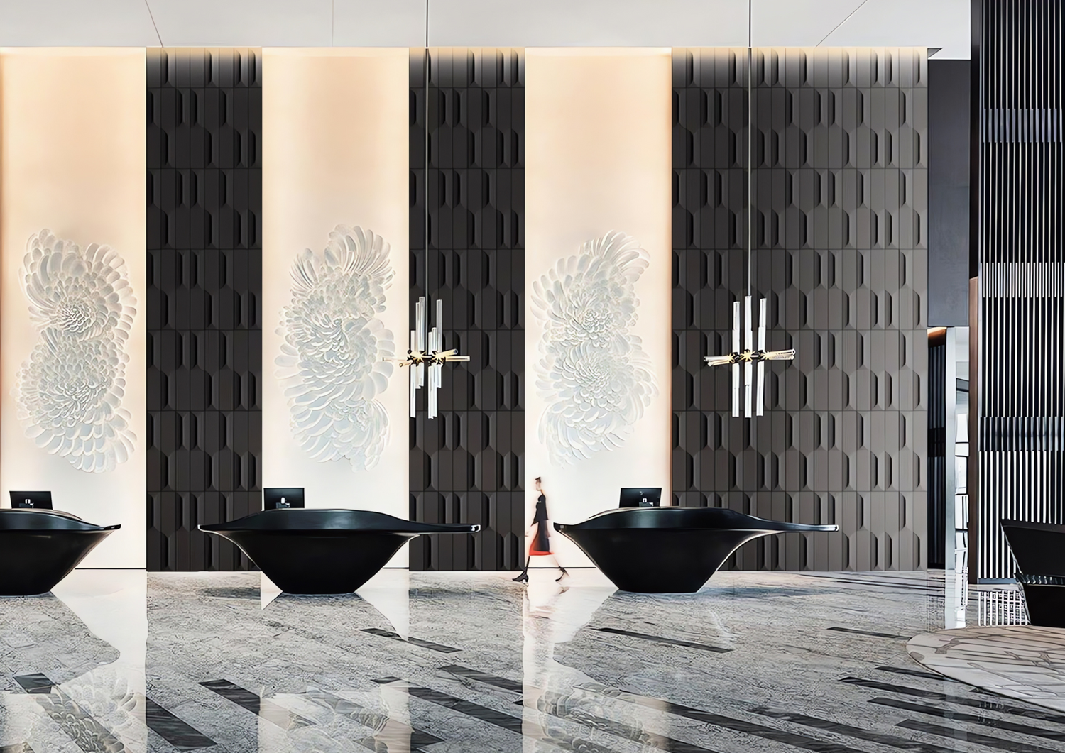 Luxury bathroom feature wall with textured dark vertical wall panels and backlit decorative inlays