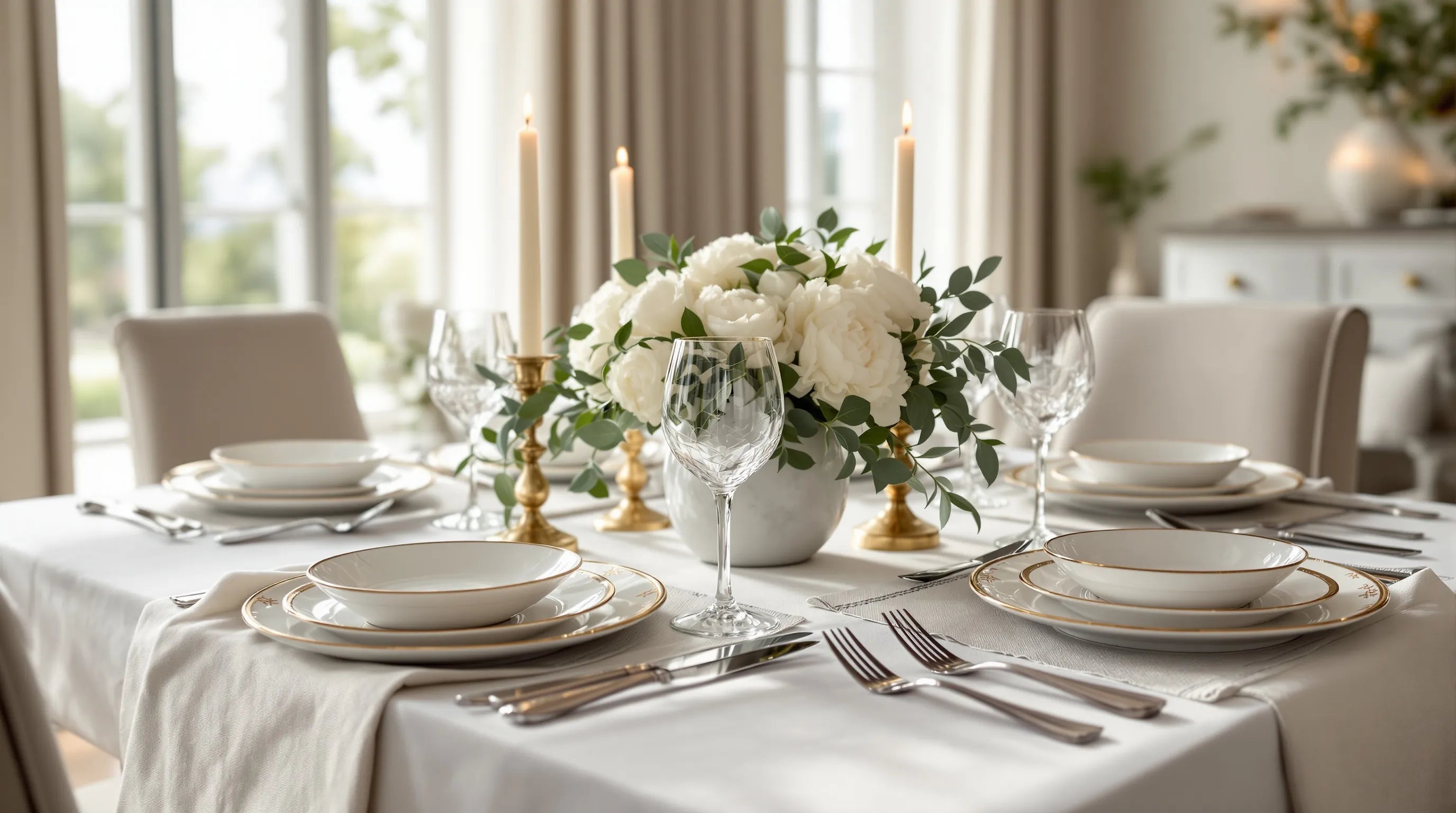 Elegant luxury dining table set with gold-rimmed white porcelain plates, crystal glasses and white peonies