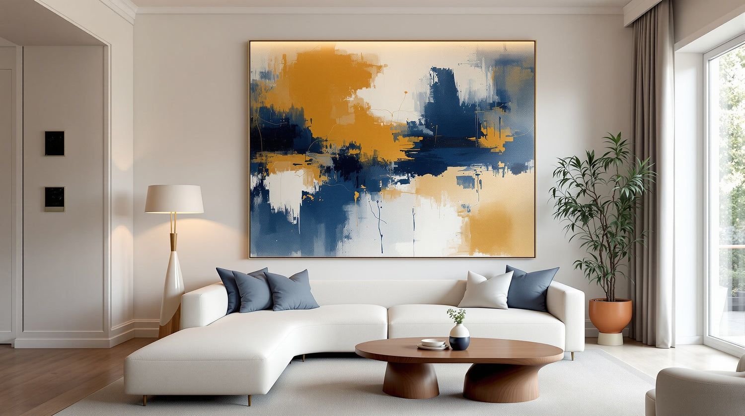 Large abstract oil painting with midnight blue and ochre brushstrokes displayed in a luxury living room