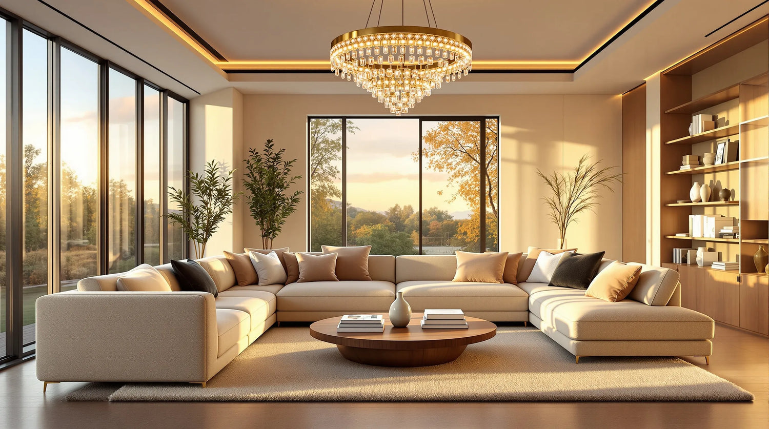 chandeliers for living room — crystal halo chandelier over cream sectional sofa in a luxury modern living room at golden hour