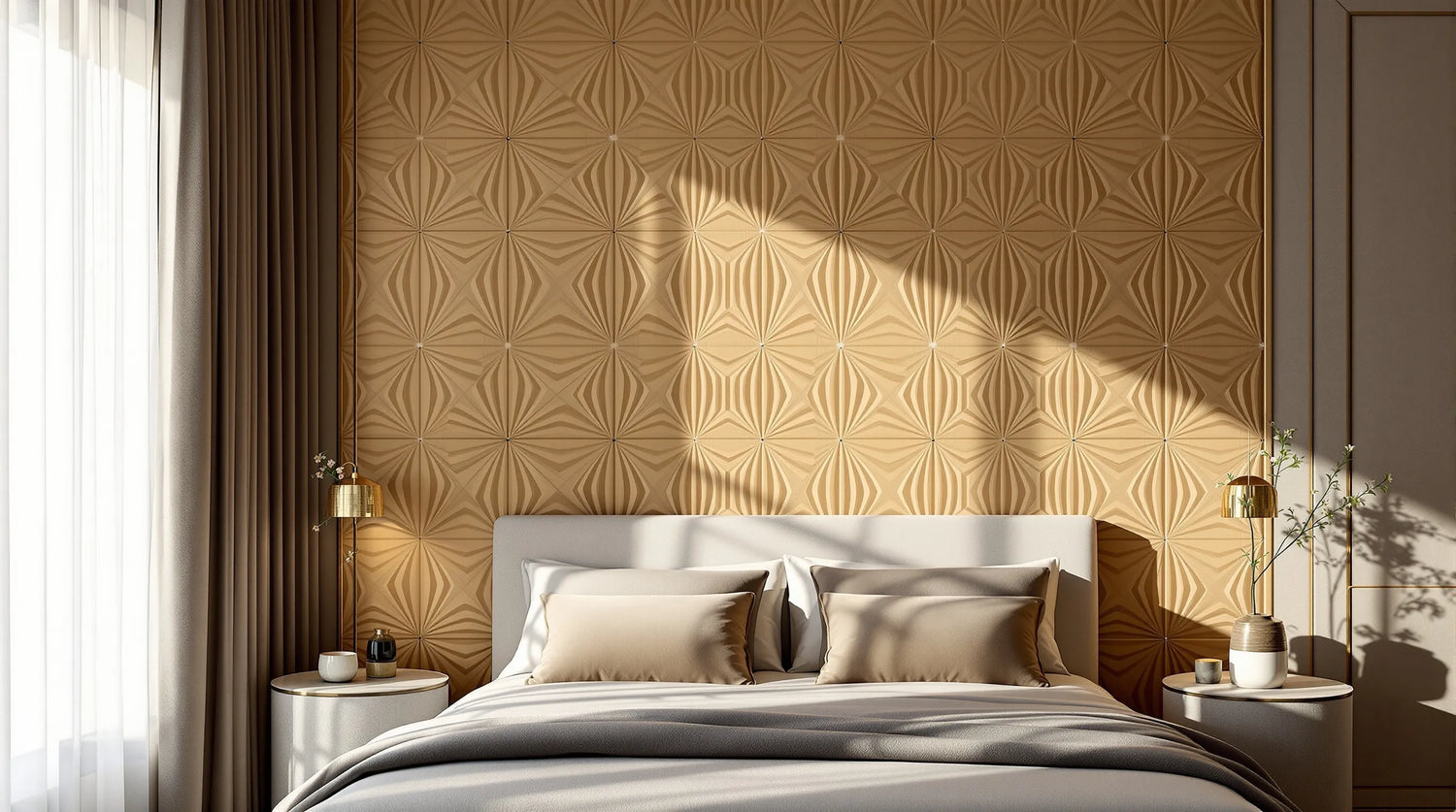 Decorative wall panels for bedroom — champagne geometric leather panels on a headboard feature wall