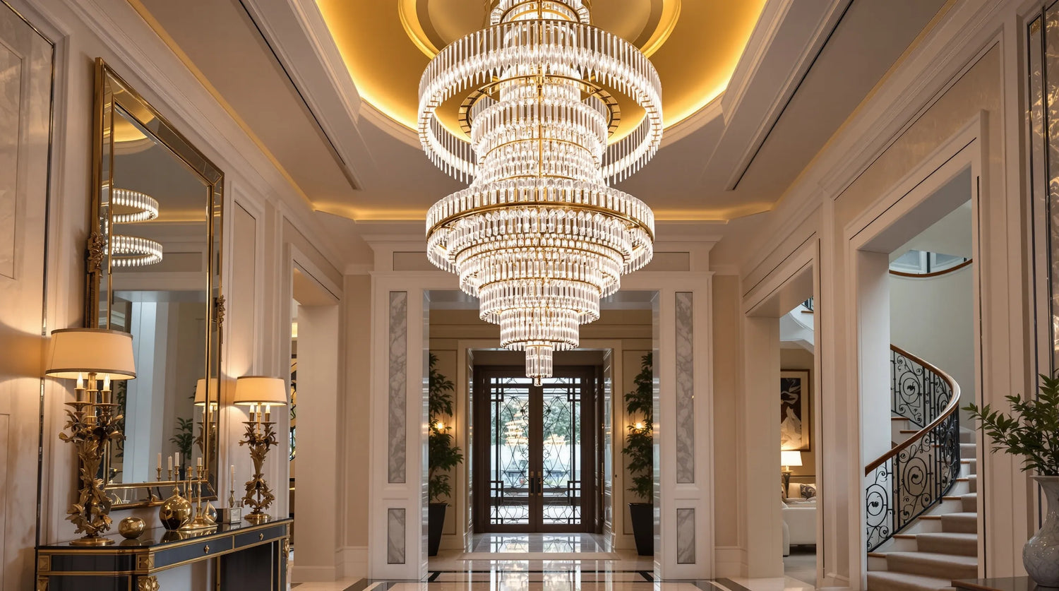 foyer chandelier — multi-tier crystal chandelier in a grand entryway with marble floors and curved staircase