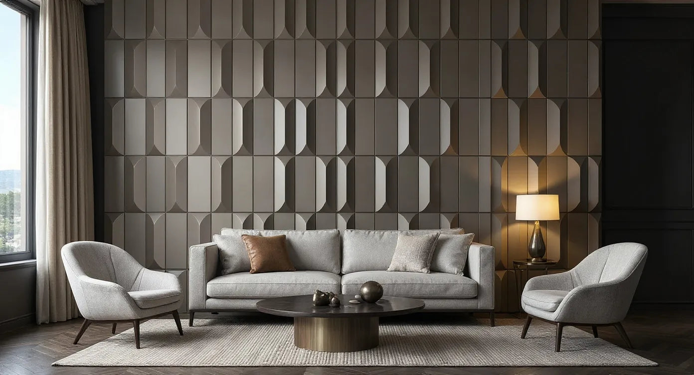 wall panels for living room — ultra luxury living room with AURELIA architectural panel feature wall, ivory sofa, paired lounge chairs, brass lamp