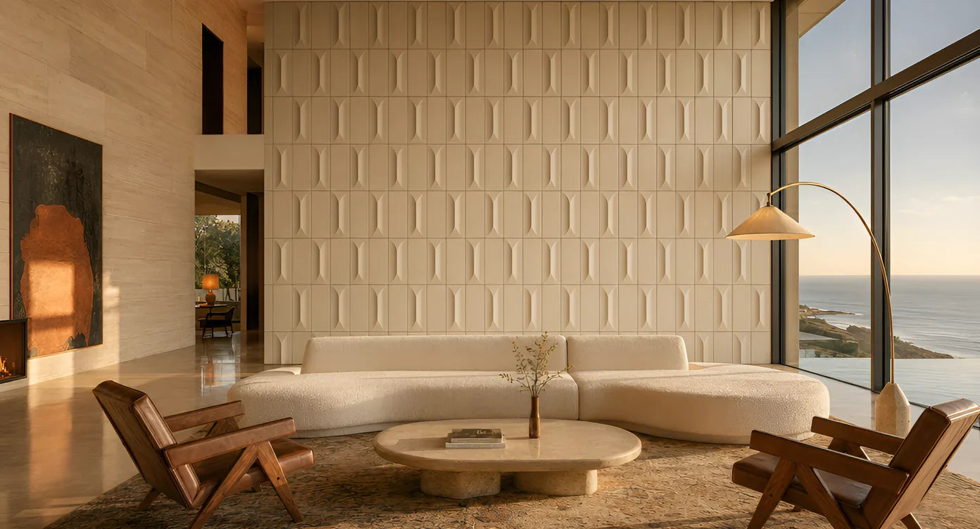 wall panels for living room — Aurelia Linen Stone architectural panel feature wall in luxury living room with ivory boucle sectional, paired Pierre Jeanneret-style chairs, brass arc lamp, ocean view at golden hour