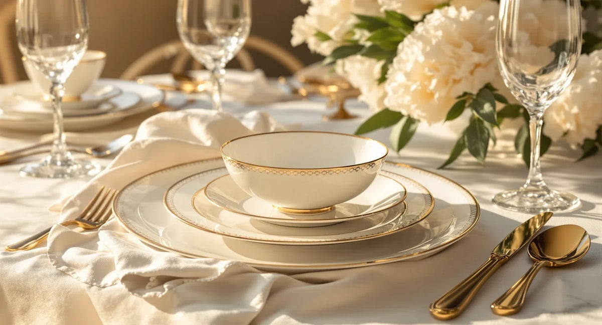 Bone china dinnerware set with gold rim detail on formal table setting with peonies and crystal glasses