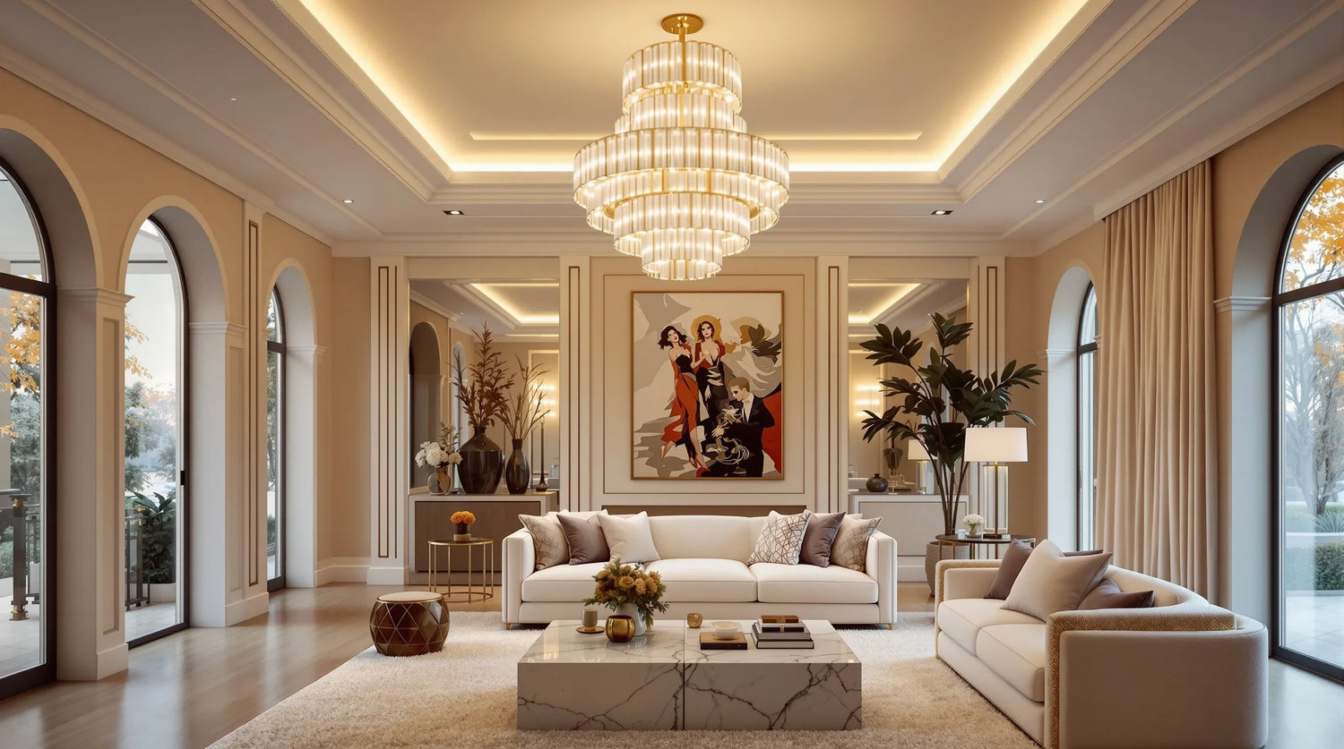 Luxury living room with a statement chandelier serving as the ceiling light focal point