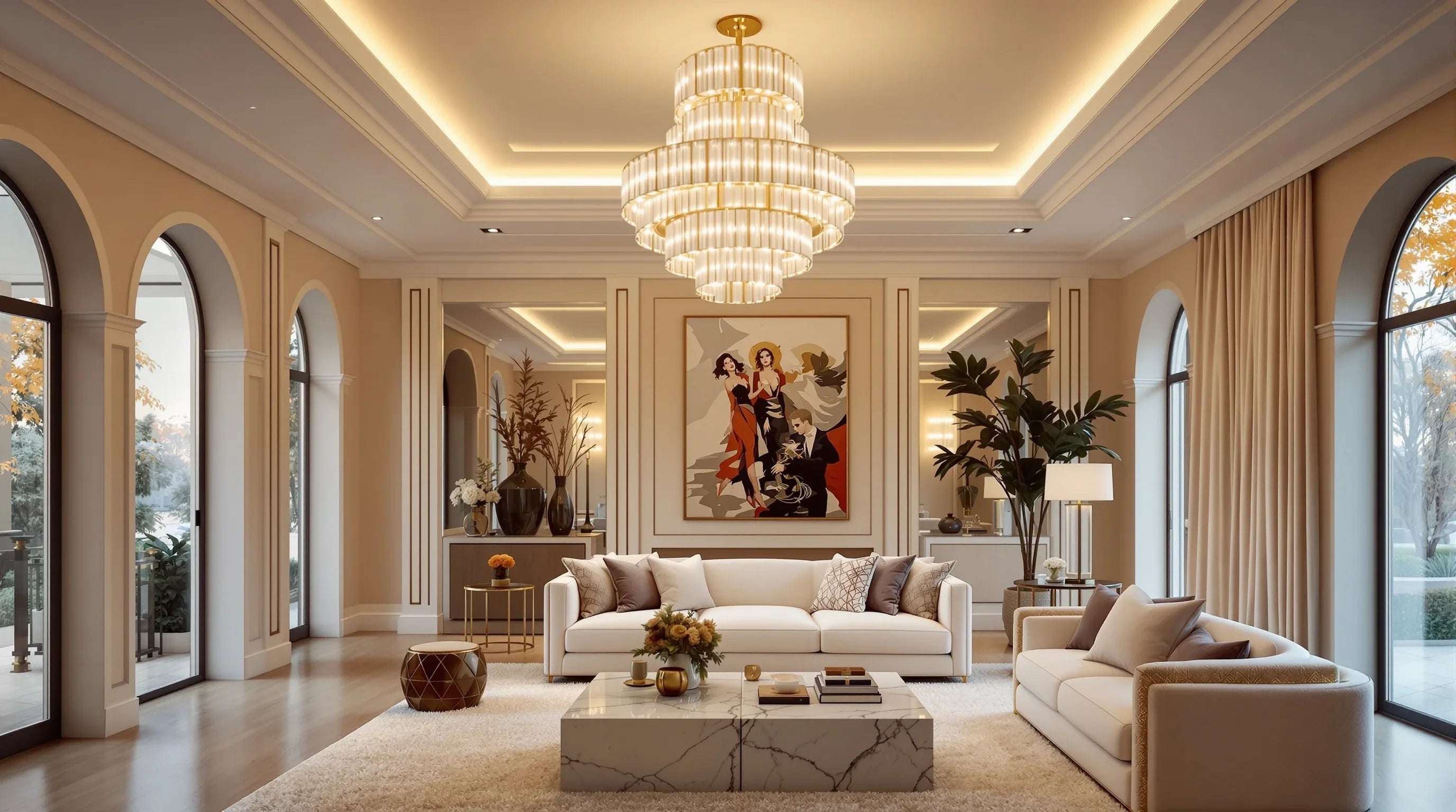 Luxury living room with a statement chandelier serving as the ceiling light focal point