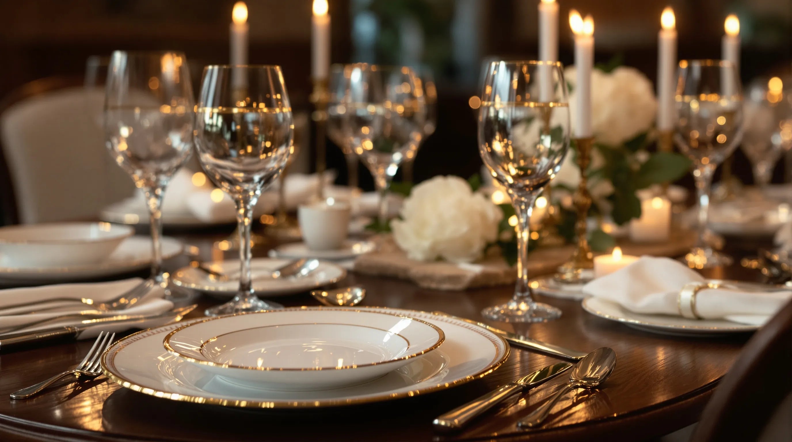 Elegantly set formal dining table with fine bone china dinnerware, crystal wine glasses and sterling silver cutlery