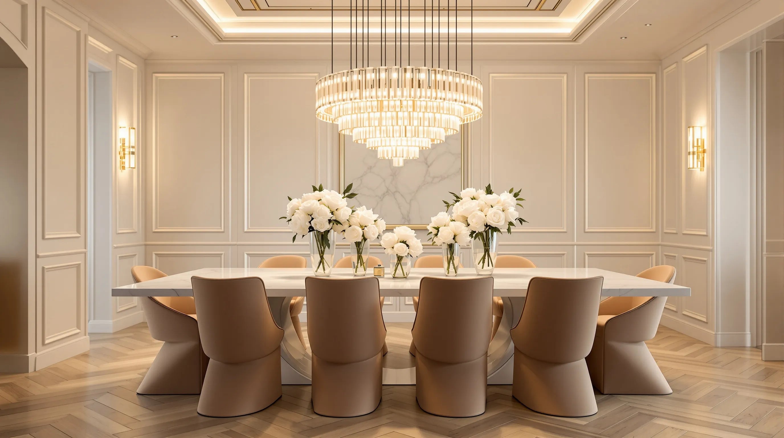Elegant crystal chandelier hanging at the correct height above a dining table in a luxury dining room
