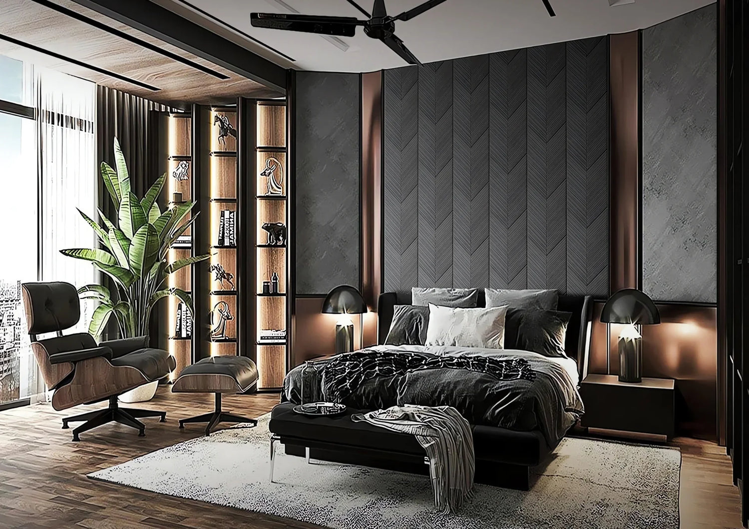 Decorative wall panels for bedroom — dark chevron leather panel feature wall with leather lounge chair, brass accent lighting, and curated bookshelf styling