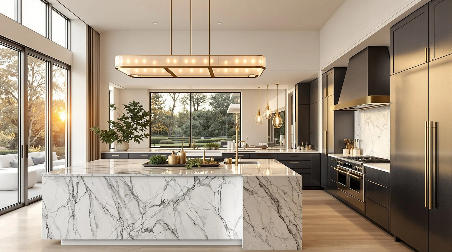 Luxury kitchen with linear gold chandelier over marble waterfall island
