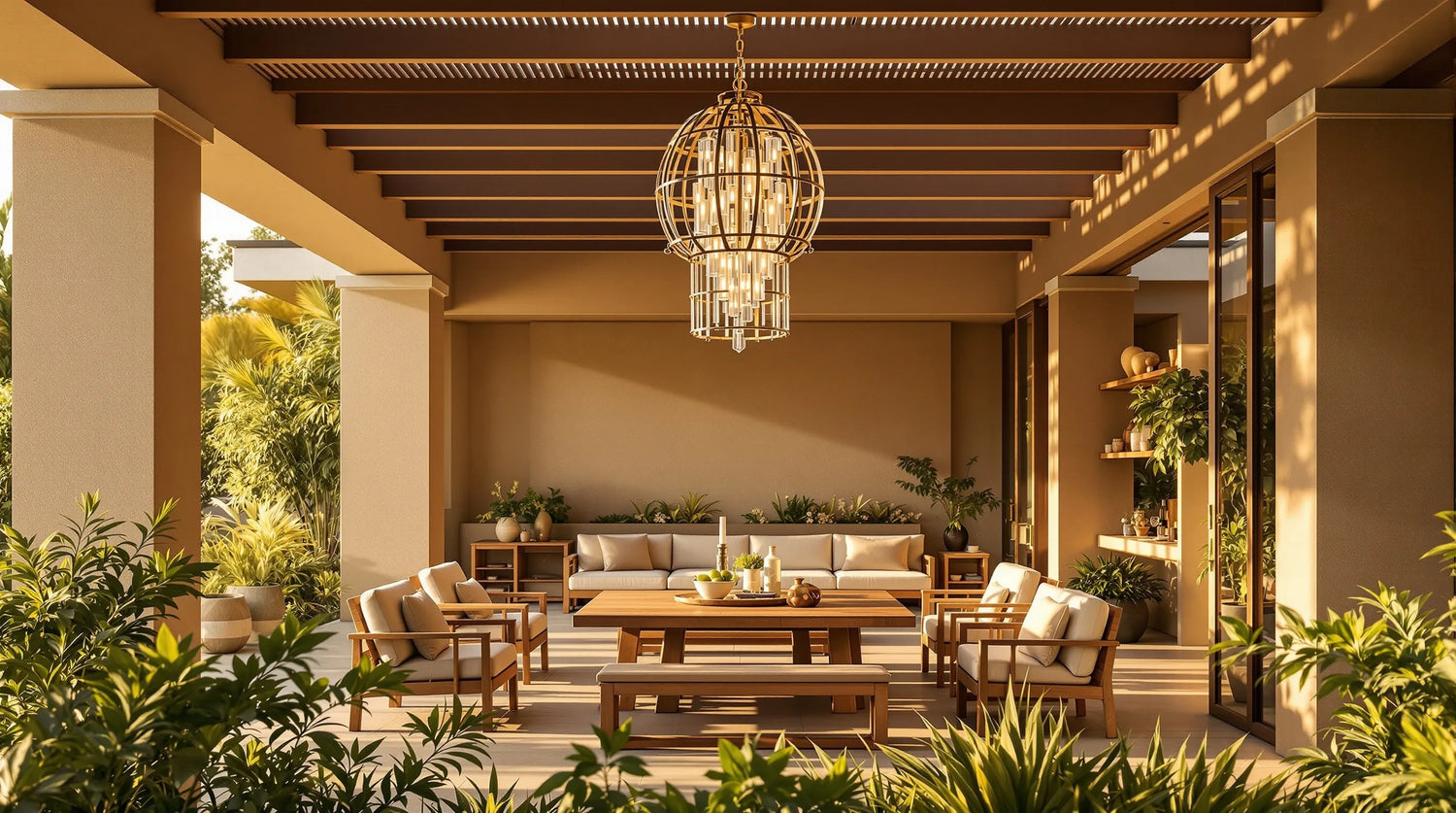 Outdoor chandelier suspended over a luxury covered pergola patio with teak furniture and tropical greenery