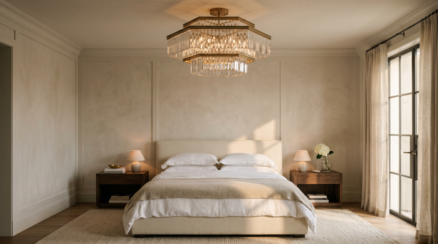 Modern luxury crystal chandelier centered above a low-profile cream linen bed in an editorial bedroom
