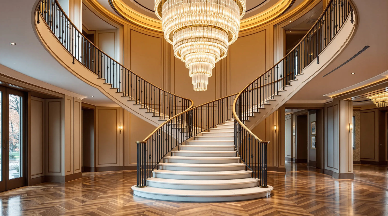 Grand staircase chandelier — multi-ring crystal chandelier cascading over a curved luxury staircase
