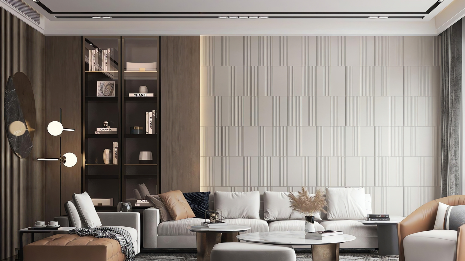 Luxury living room with vertical textured wall panels as the focal feature wall, framed mirror, sectional sofa