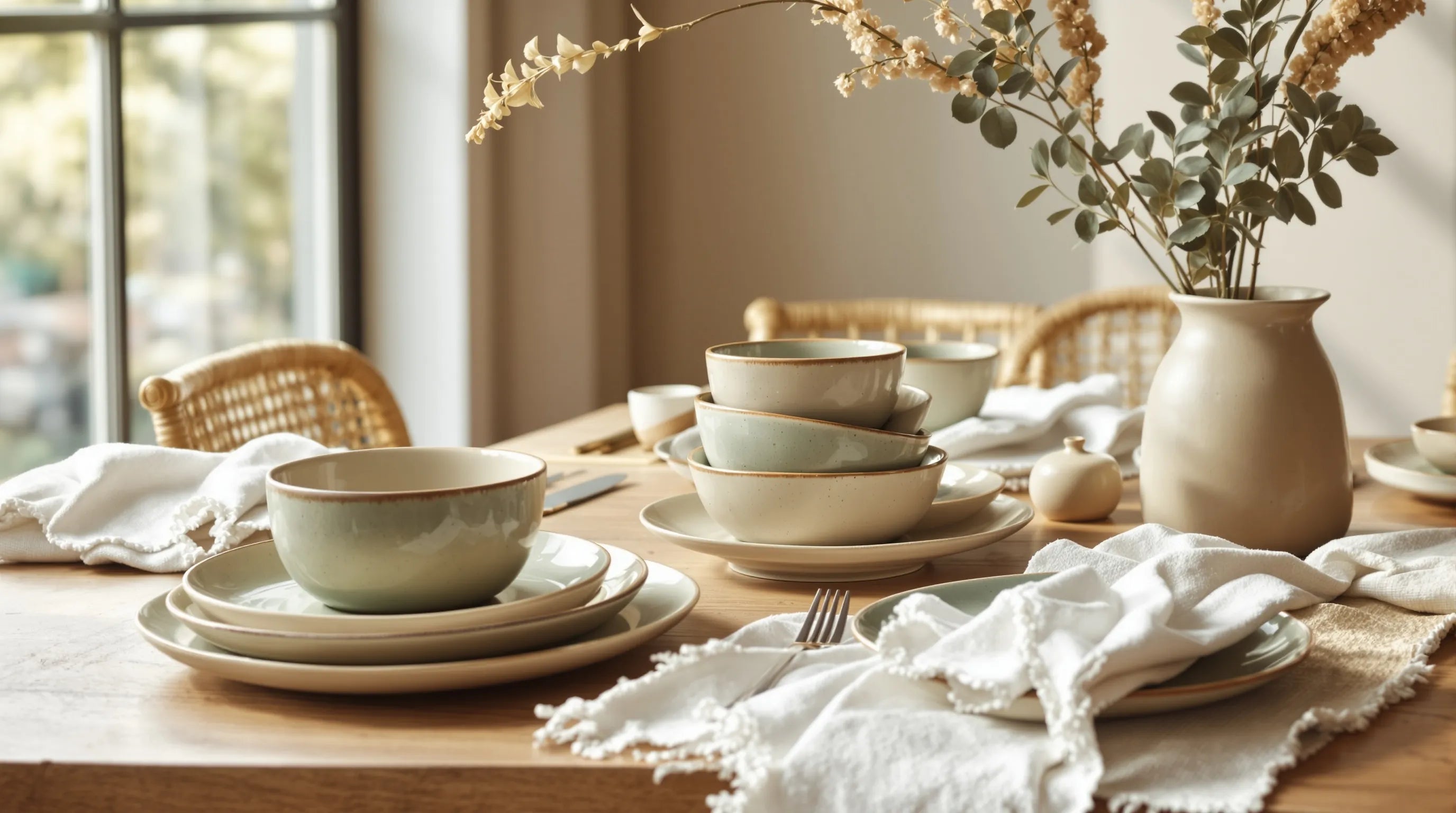 Artisan stoneware dinnerware set on a warm oak dining table with sage green and cream reactive glaze finish