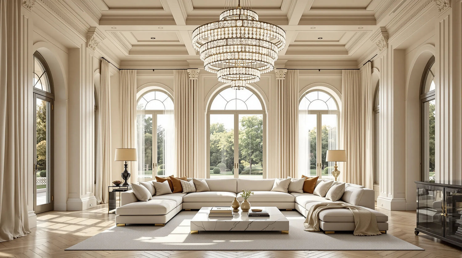 Lumière de Cartier Collection crystal chandelier in grand living room