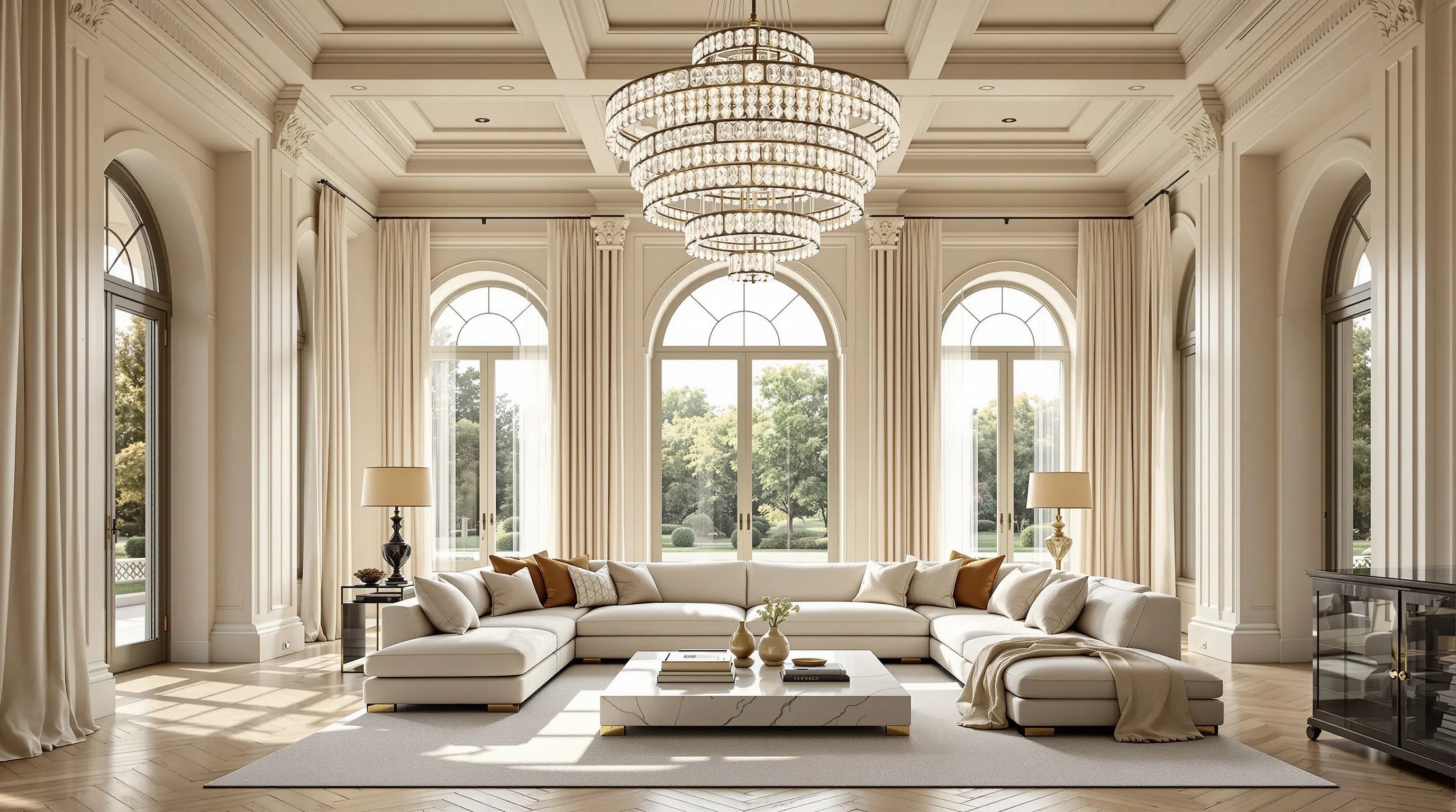 Lumière de Cartier Collection crystal chandelier in grand living room