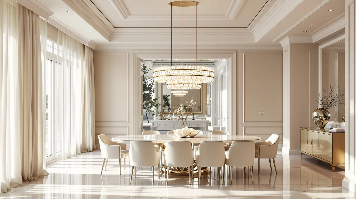 Modern dining room chandelier — champagne gold two-tier ring chandelier over oval dining table