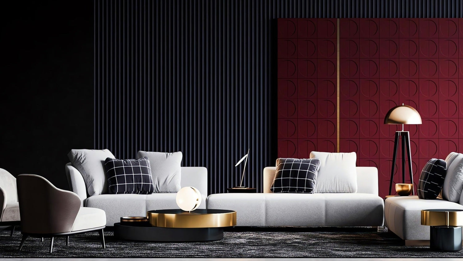 Modern living room featuring luxurious wood slat wall panels with warm natural texture