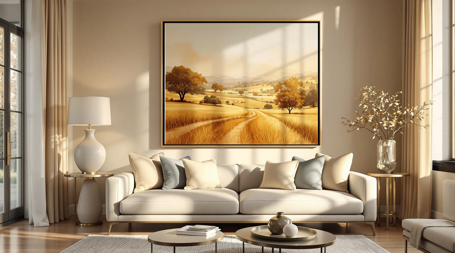Luxury living room with large landscape oil painting above cream sofa — DecorLane