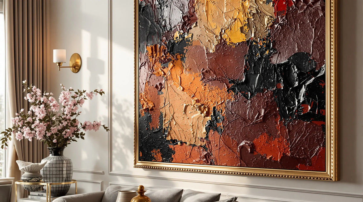 Original oil painting with rich impasto brushwork displayed in an ornate gold frame in an elegant living room
