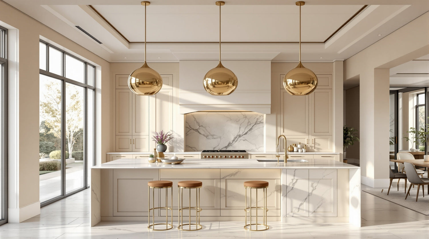 Luxury kitchen island with elegant gold oval pendant lights hanging above white marble countertop