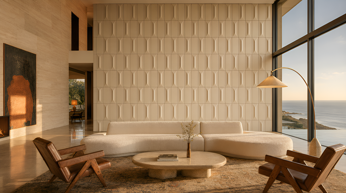 Architectural wood accent wall panels in a modern living room
