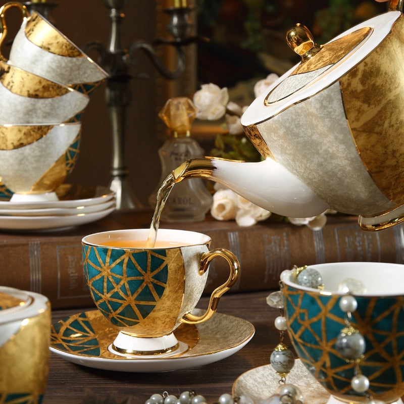Gold Inlay Bone China Tea Set Europe Ceramic Coffee Set Porcelain