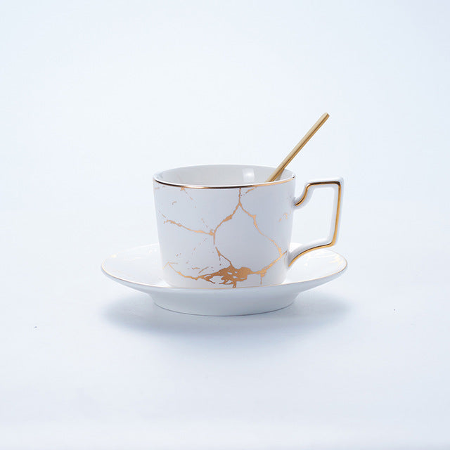 Ceramic Gold Marbled Tea Set, White