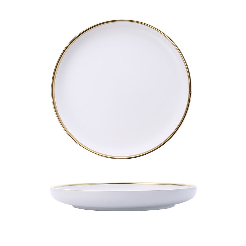 White And Black Round Gold Stroke Ceramic Dinner Plate Set